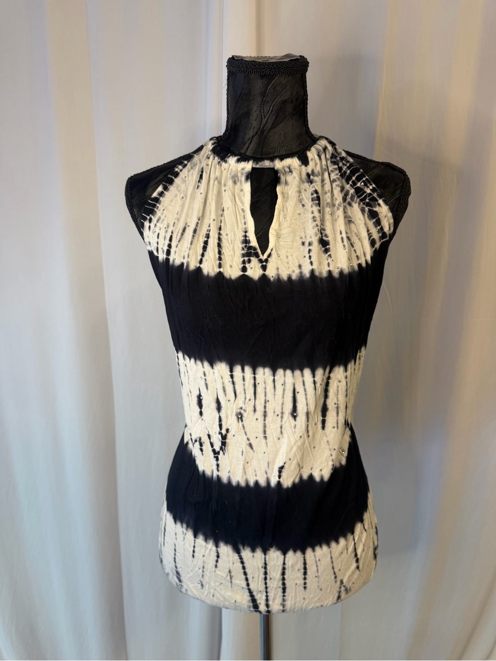 INC International Concepts Black and White Halter Tie-Dye Tank
